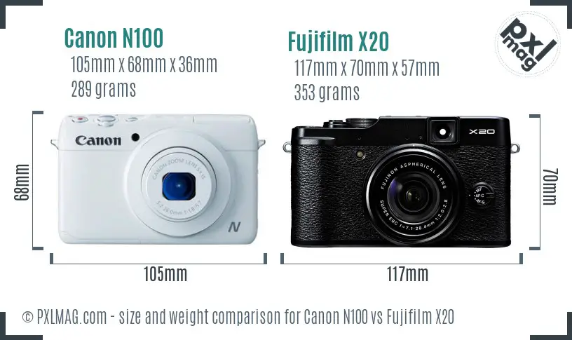 Canon N100 vs Fujifilm X20 size comparison