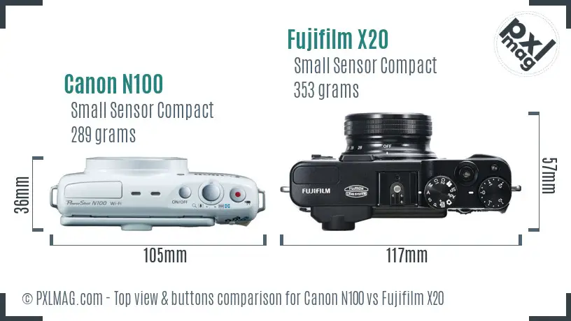 Canon N100 vs Fujifilm X20 top view buttons comparison