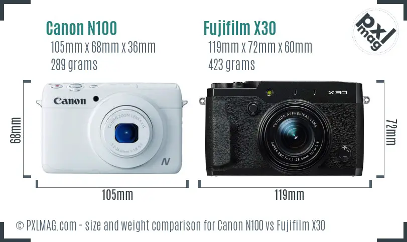 Canon N100 vs Fujifilm X30 size comparison