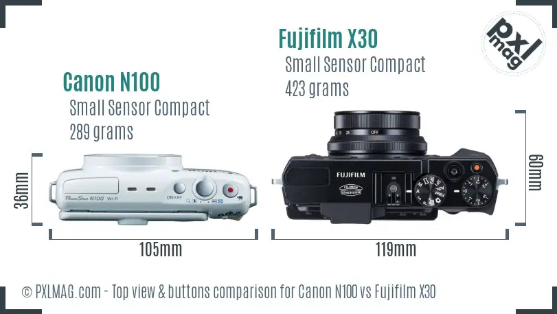 Canon N100 vs Fujifilm X30 top view buttons comparison