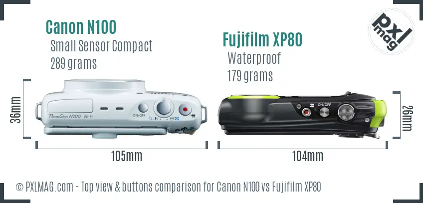 Canon N100 vs Fujifilm XP80 top view buttons comparison Canon N100 vs Fujifilm XP80 top view buttons comparison
