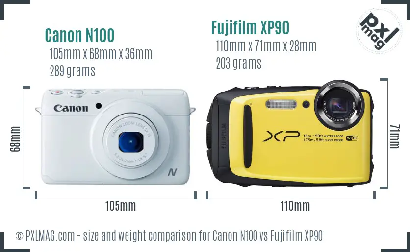 Canon N100 vs Fujifilm XP90 size comparison