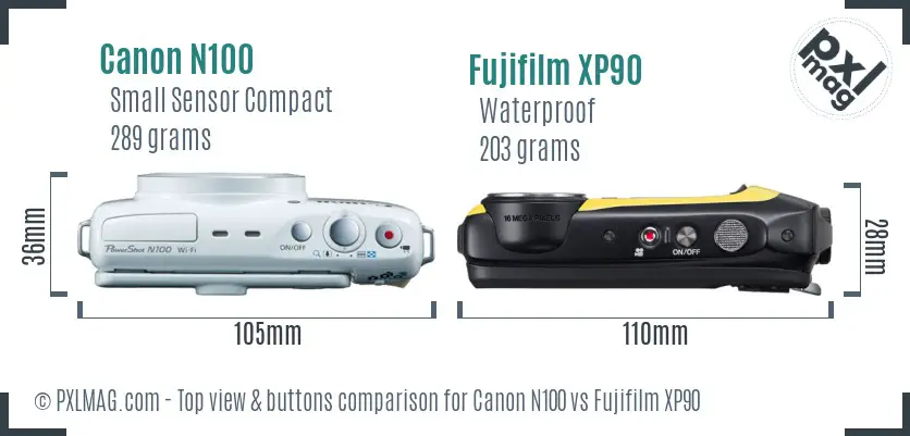 Canon N100 vs Fujifilm XP90 top view buttons comparison