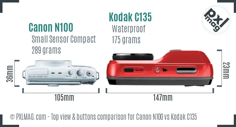 Canon N100 vs Kodak C135 top view buttons comparison