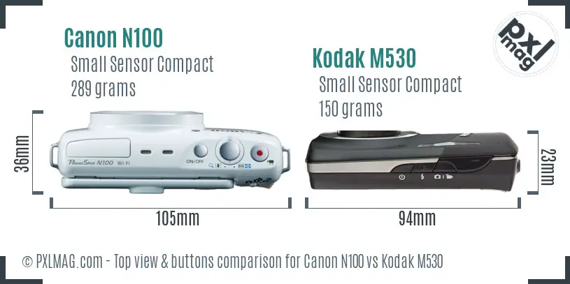 Canon N100 vs Kodak M530 top view buttons comparison