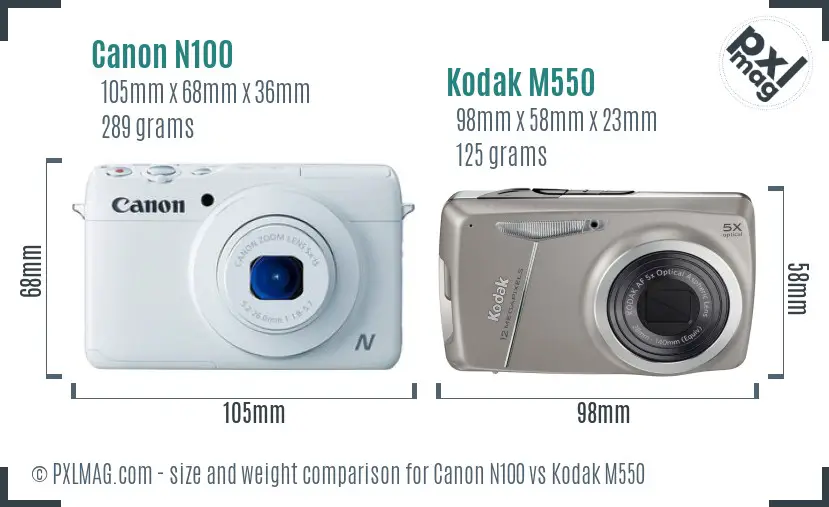 Canon N100 vs Kodak M550 size comparison
