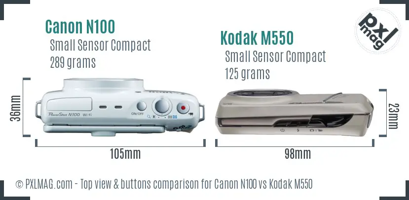 Canon N100 vs Kodak M550 top view buttons comparison
