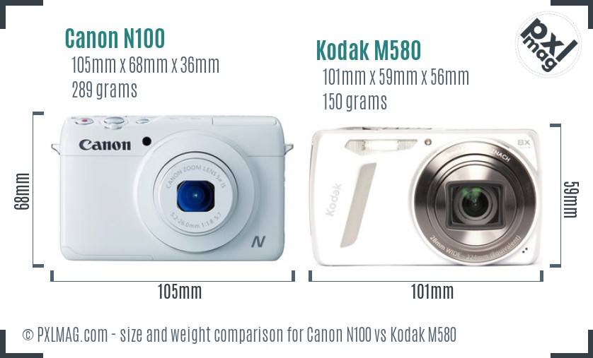 Canon N100 vs Kodak M580 size comparison