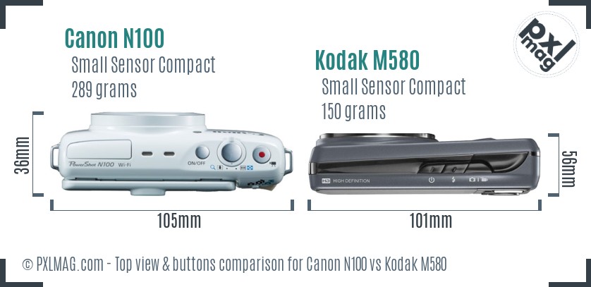 Canon N100 vs Kodak M580 top view buttons comparison