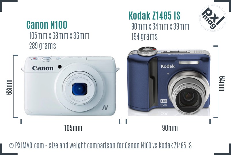 Canon N100 vs Kodak Z1485 IS size comparison