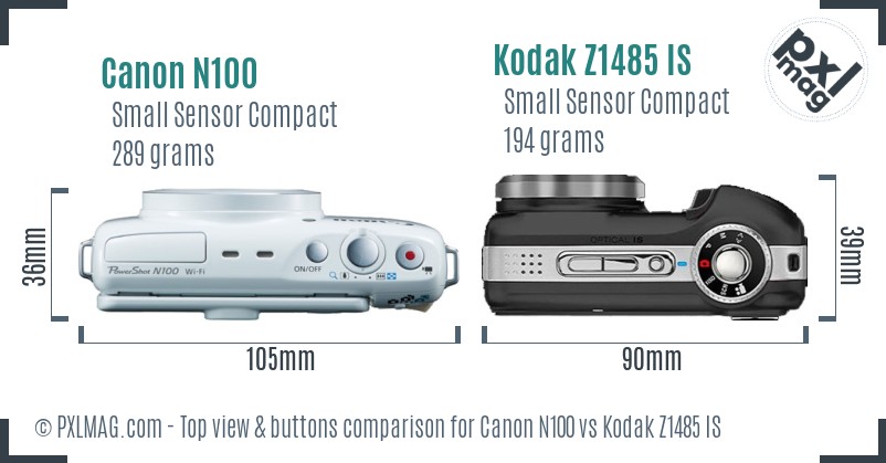 Canon N100 vs Kodak Z1485 IS top view buttons comparison