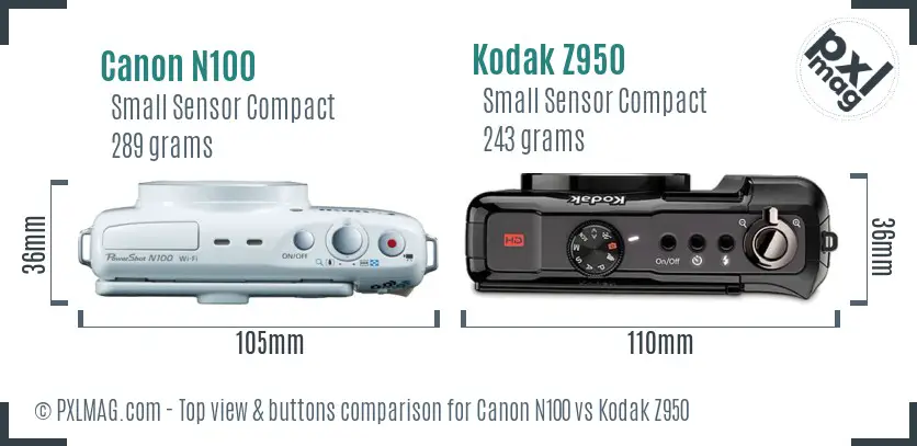 Canon N100 vs Kodak Z950 top view buttons comparison Canon N100 vs Kodak Z950 top view buttons comparison