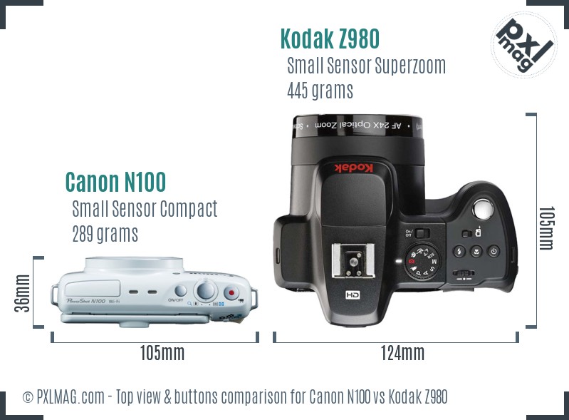 Canon N100 vs Kodak Z980 top view buttons comparison