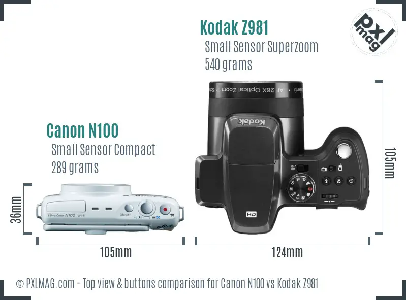 Canon N100 vs Kodak Z981 top view buttons comparison