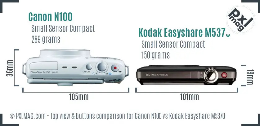 Canon N100 vs Kodak Easyshare M5370 top view buttons comparison Canon N100 vs Kodak Easyshare M5370 top view buttons comparison