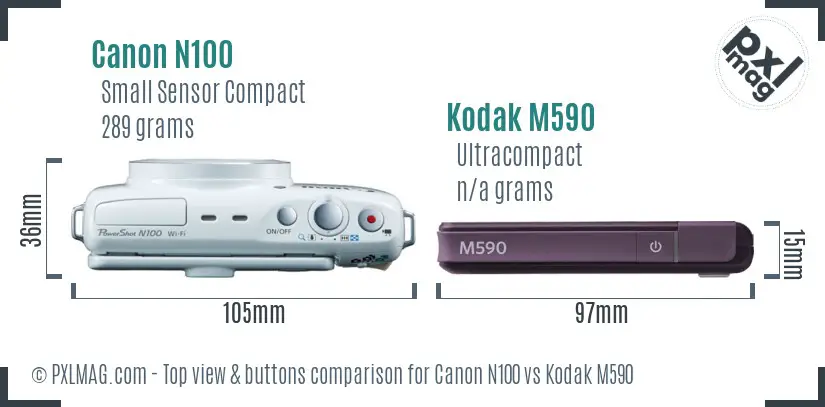 Canon N100 vs Kodak M590 top view buttons comparison