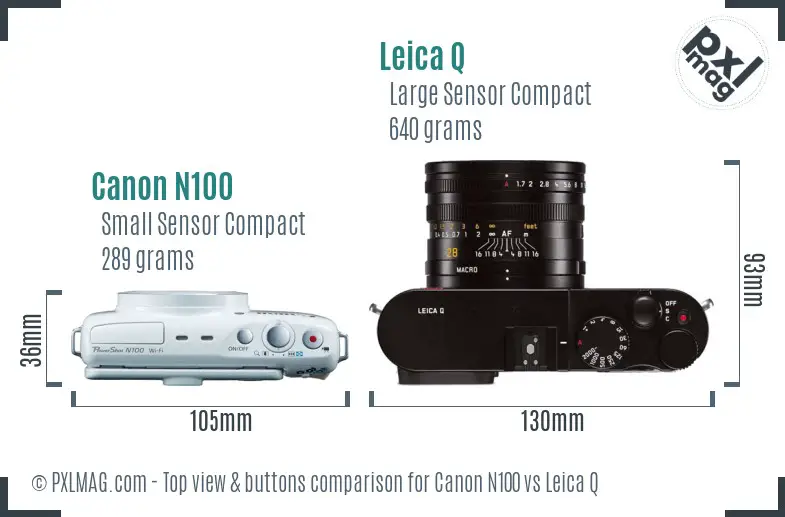 Canon N100 vs Leica Q top view buttons comparison