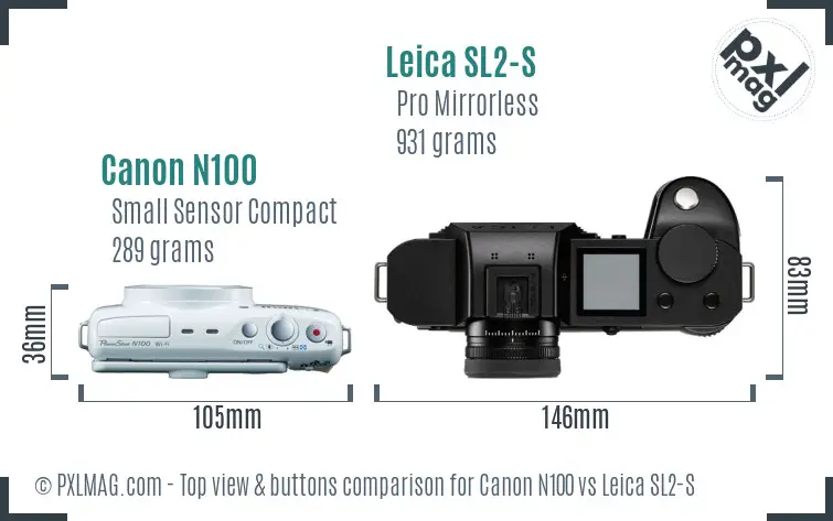 Canon N100 vs Leica SL2-S top view buttons comparison