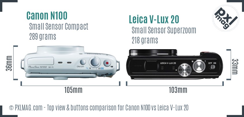Canon N100 vs Leica V-Lux 20 top view buttons comparison