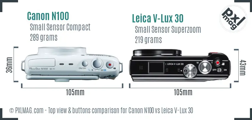 Canon N100 vs Leica V-Lux 30 top view buttons comparison