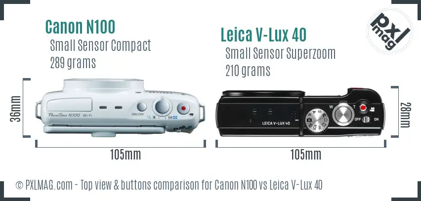 Canon N100 vs Leica V-Lux 40 top view buttons comparison Canon N100 vs Leica V-Lux 40 top view buttons comparison