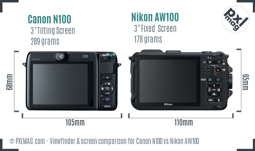 Canon N100 vs Nikon AW100 Screen and Viewfinder comparison