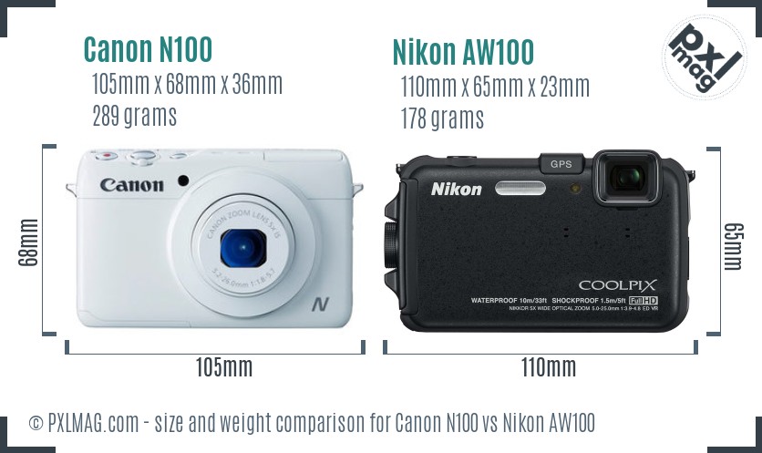 Canon N100 vs Nikon AW100 size comparison Canon N100 vs Nikon AW100 size comparison