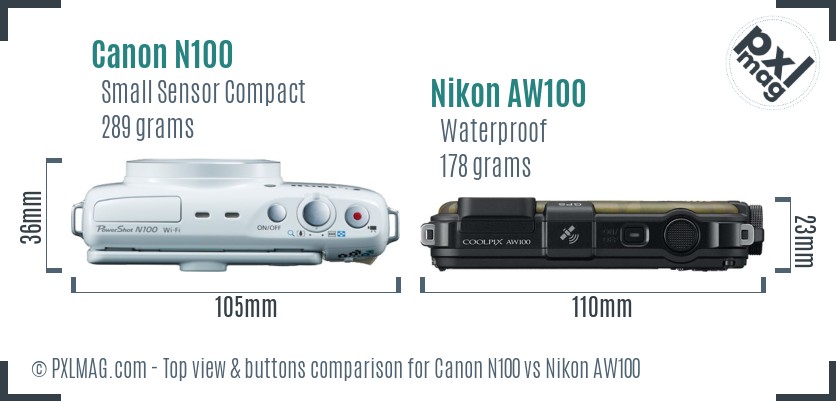 Canon N100 vs Nikon AW100 top view buttons comparison