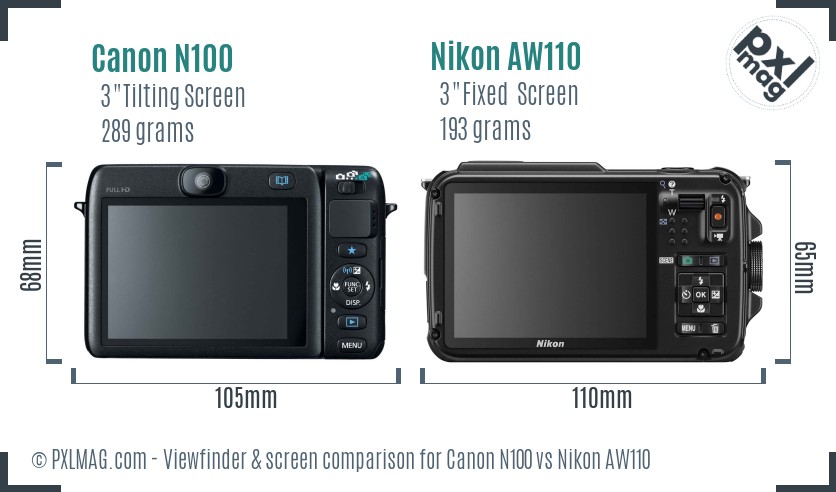 Canon N100 vs Nikon AW110 Screen and Viewfinder comparison
