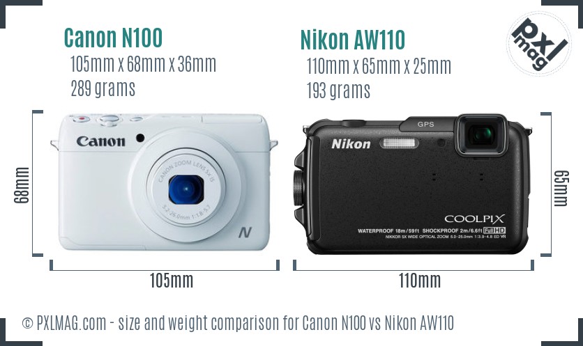 Canon N100 vs Nikon AW110 size comparison Canon N100 vs Nikon AW110 size comparison