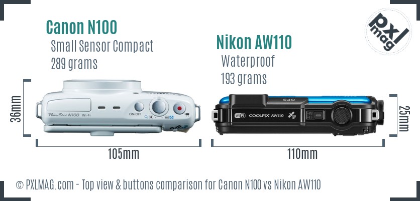 Canon N100 vs Nikon AW110 top view buttons comparison
