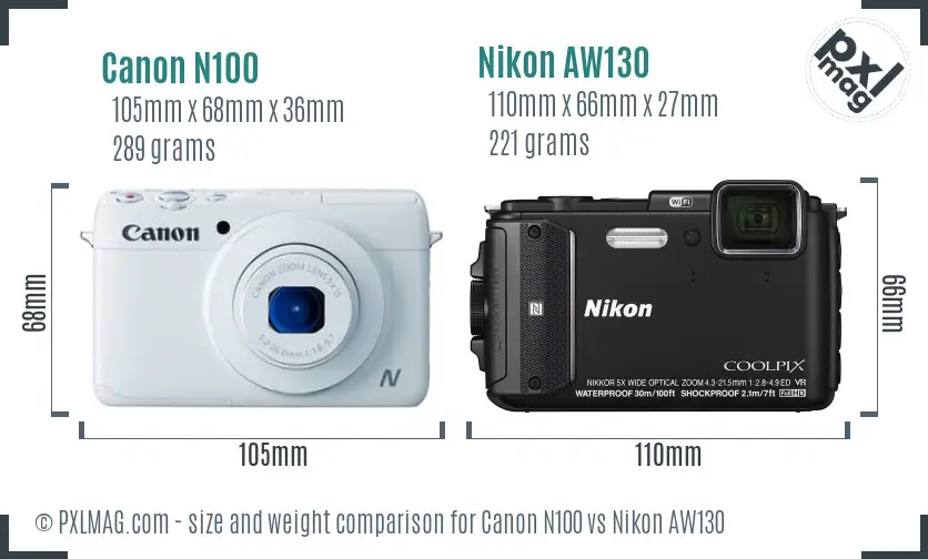 Canon N100 vs Nikon AW130 size comparison