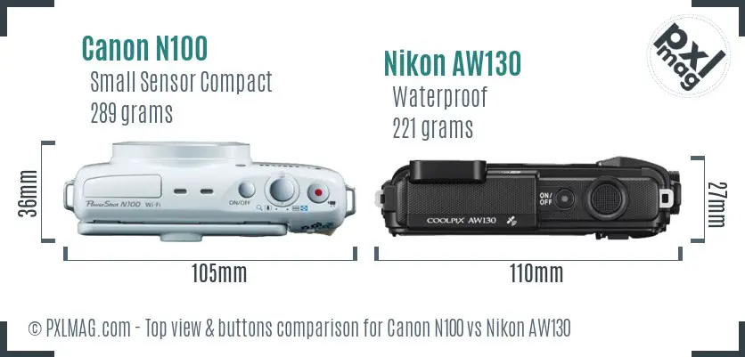 Canon N100 vs Nikon AW130 top view buttons comparison