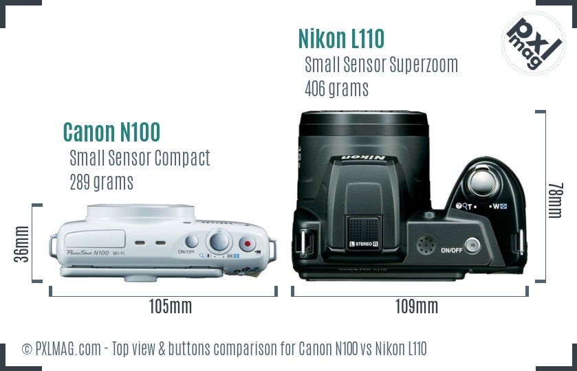Canon N100 vs Nikon L110 top view buttons comparison