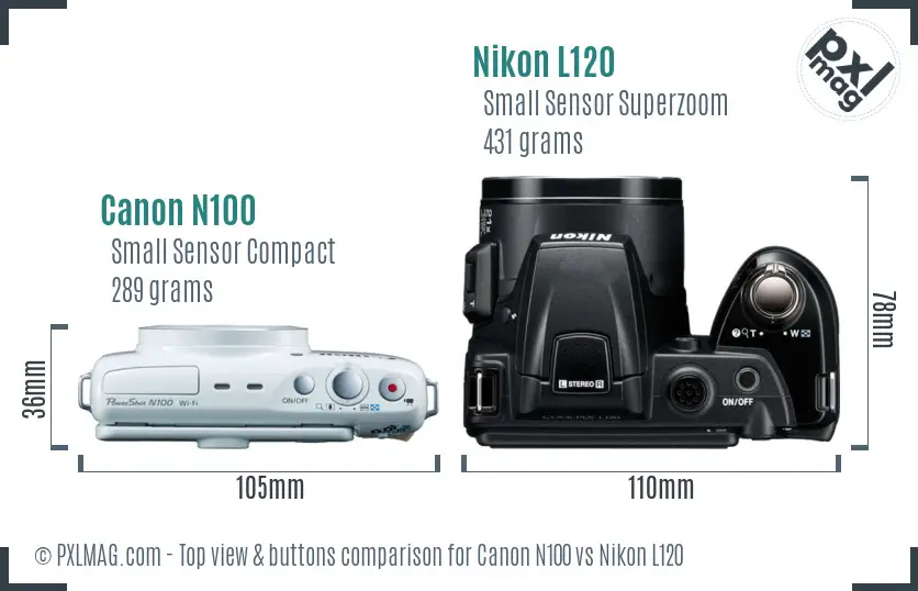 Canon N100 vs Nikon L120 top view buttons comparison