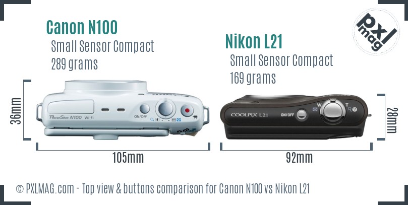 Canon N100 vs Nikon L21 top view buttons comparison