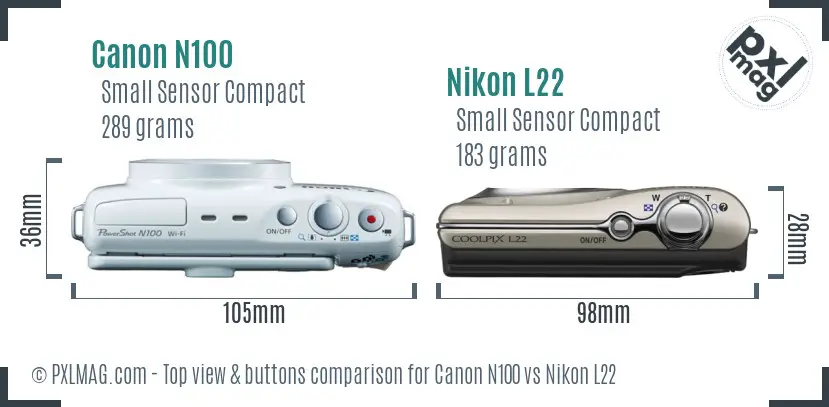 Canon N100 vs Nikon L22 top view buttons comparison Canon N100 vs Nikon L22 top view buttons comparison