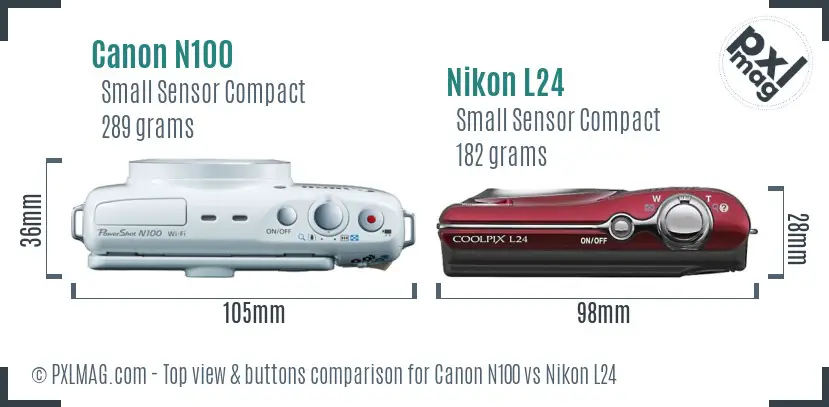 Canon N100 vs Nikon L24 top view buttons comparison