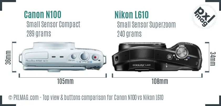 Canon N100 vs Nikon L610 top view buttons comparison