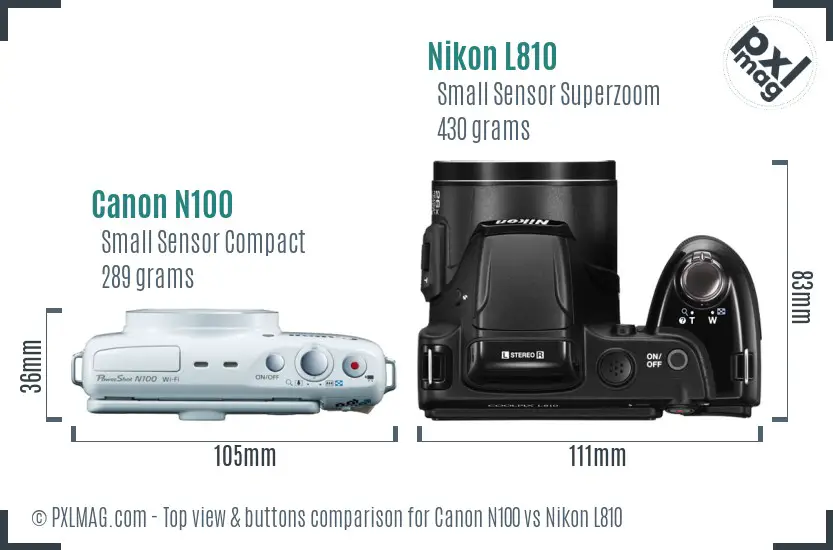 Canon N100 vs Nikon L810 top view buttons comparison