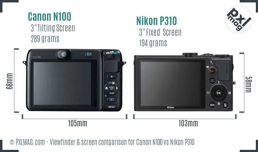 Canon N100 vs Nikon P310 Screen and Viewfinder comparison