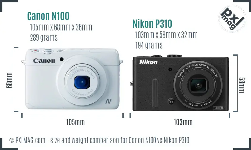 Canon N100 vs Nikon P310 size comparison