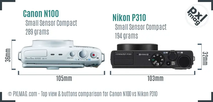 Canon N100 vs Nikon P310 top view buttons comparison