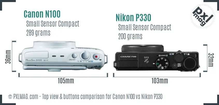 Canon N100 vs Nikon P330 top view buttons comparison Canon N100 vs Nikon P330 top view buttons comparison