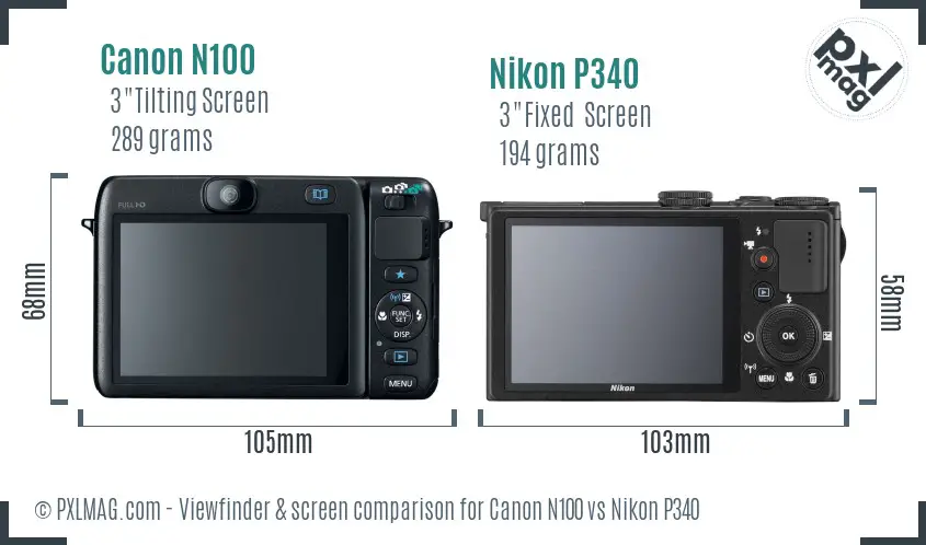 Canon N100 vs Nikon P340 Screen and Viewfinder comparison