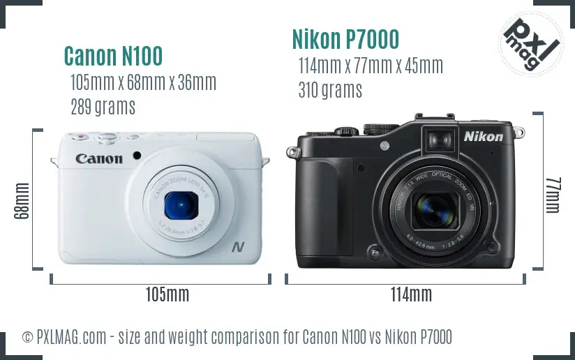 Canon N100 vs Nikon P7000 size comparison