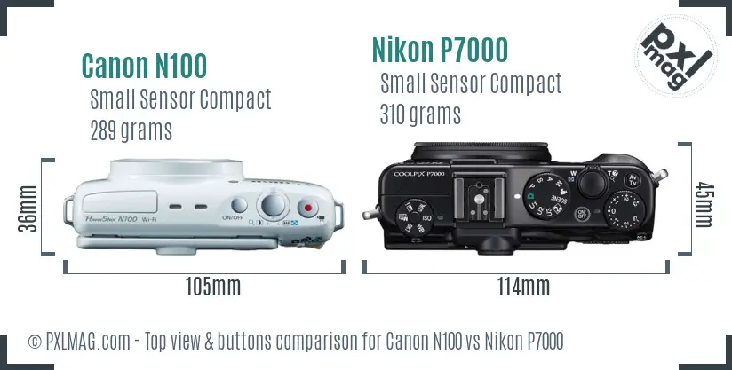 Canon N100 vs Nikon P7000 top view buttons comparison
