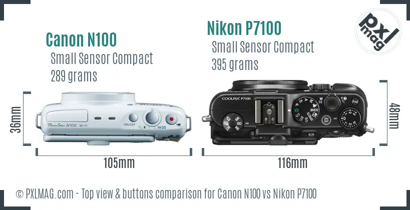 Canon N100 vs Nikon P7100 top view buttons comparison