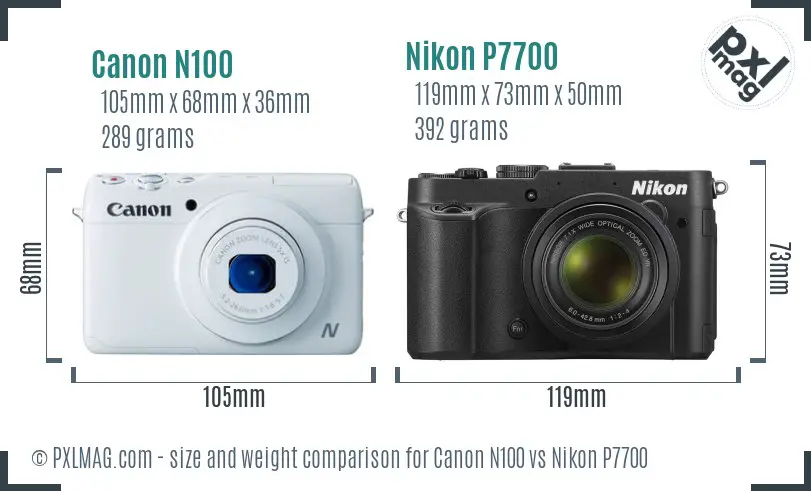 Canon N100 vs Nikon P7700 size comparison