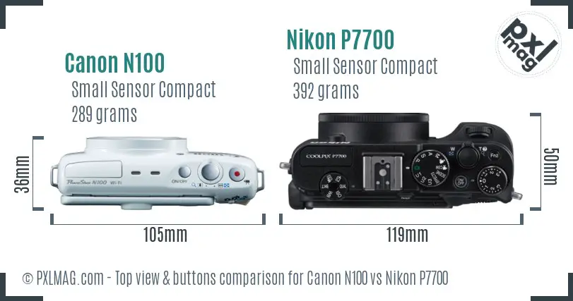 Canon N100 vs Nikon P7700 top view buttons comparison